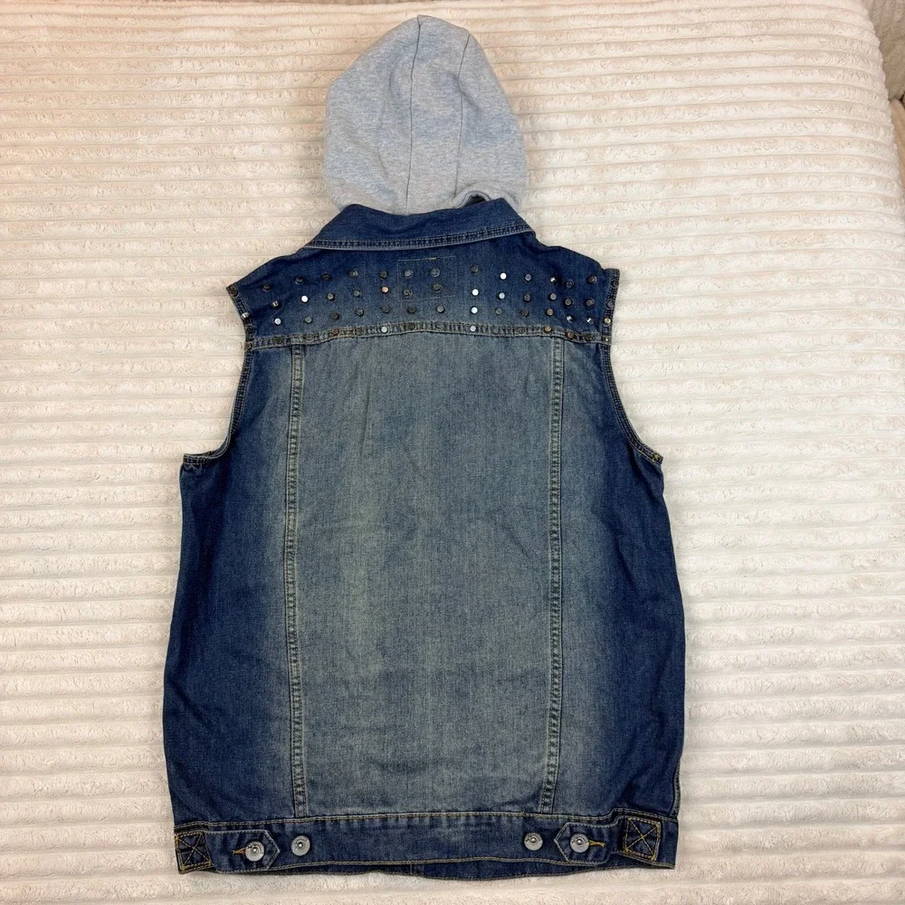 Victorious Mens Studded Denim Vest with Hood Blue Sleeveless Jean Jacket 2XL - Picture 5 of 5